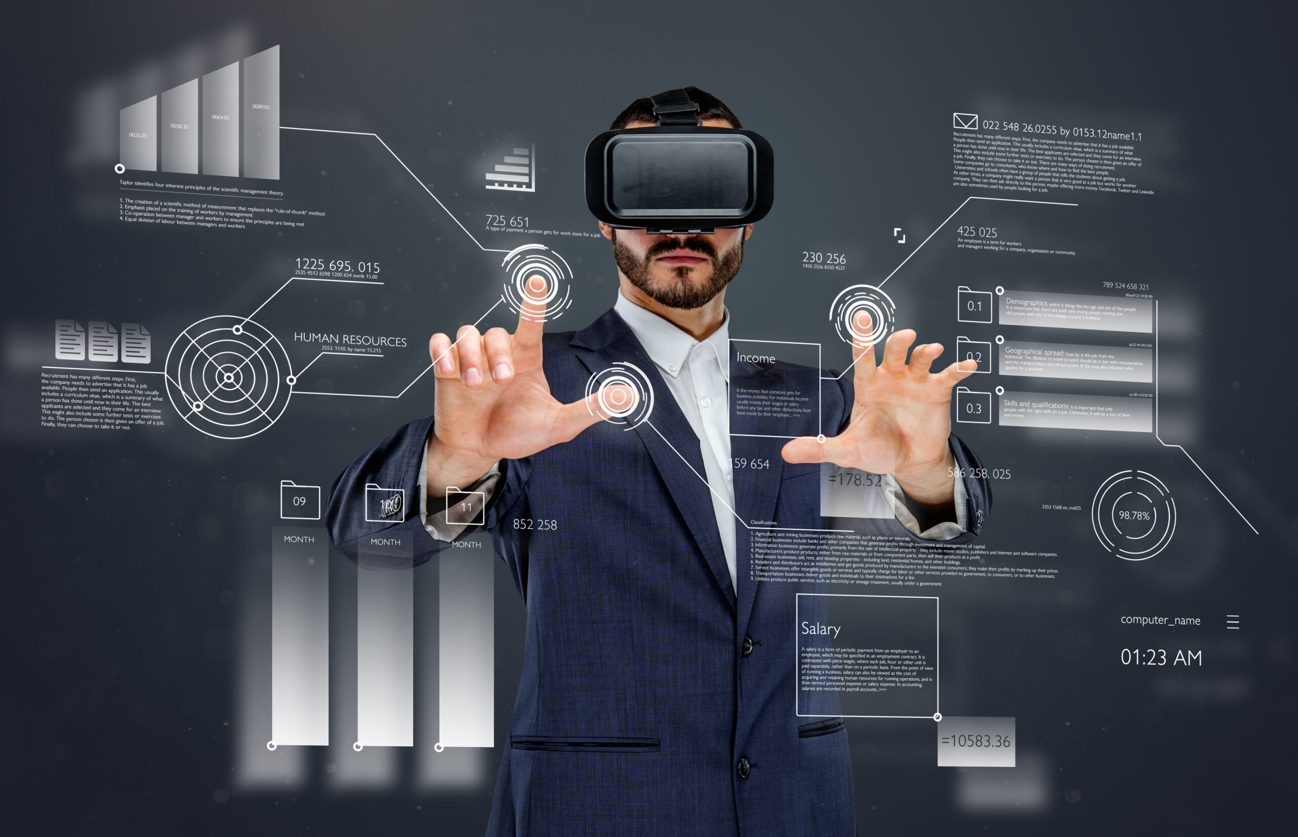 Male in a suit with virtual reality glasses on his head working in virtual financial world.